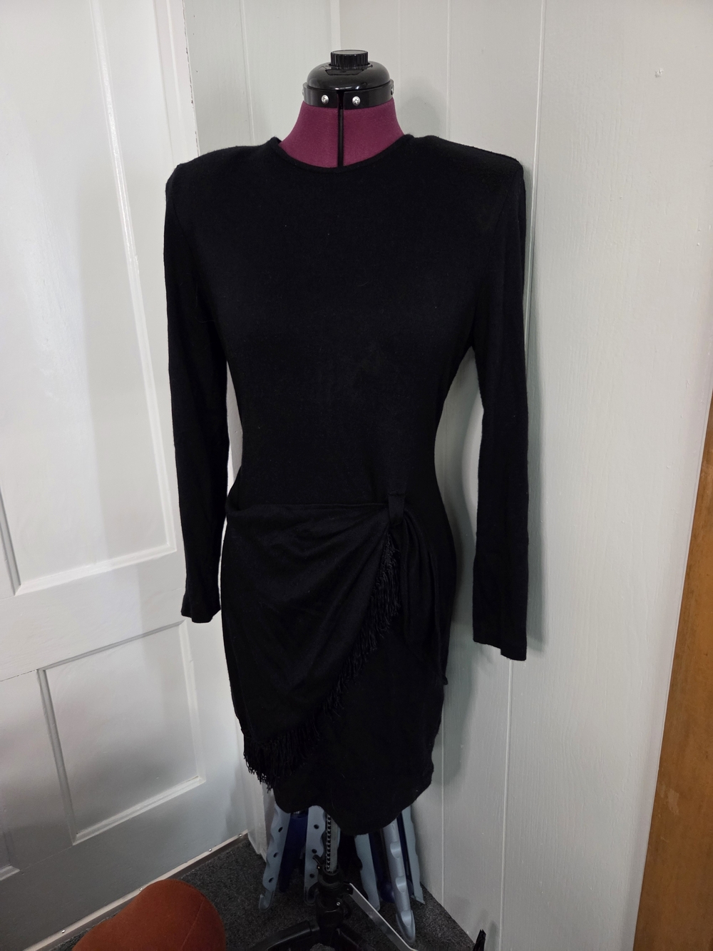 Black Long-Sleeve Fringe Wrap Knit Dress